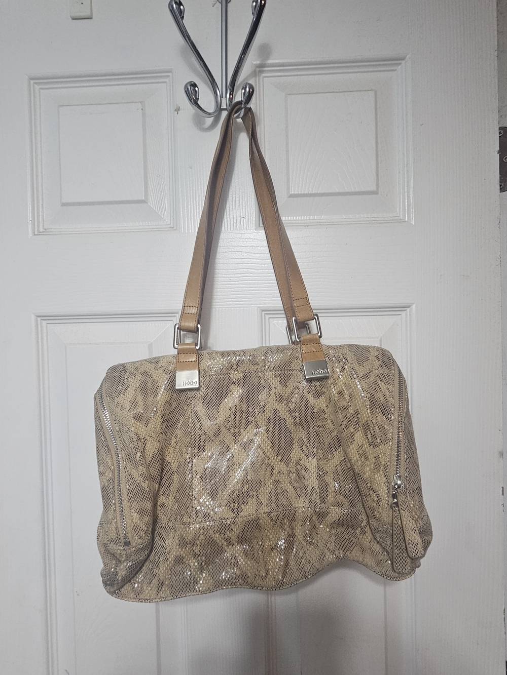 HOBO Tan Snake-Print Satchel with Light Brown Straps